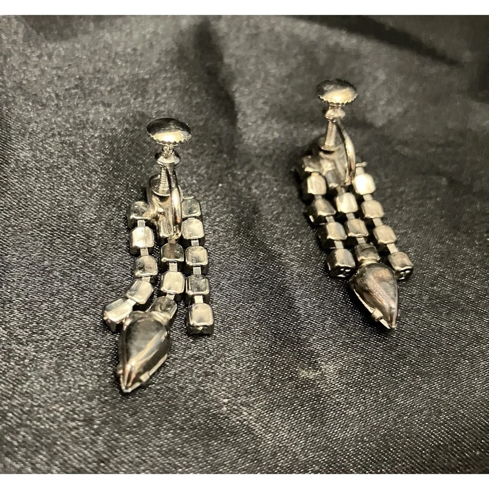 Baguette Blue Crystal Silver Tone Clip On Waterfall Chandelier Vintage Earrings